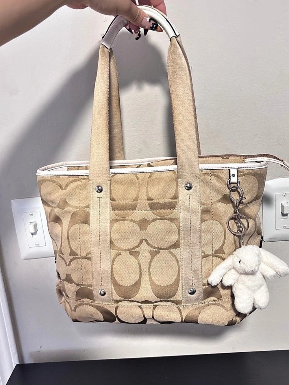 Coach Signature Canvas Tote in Beige & White